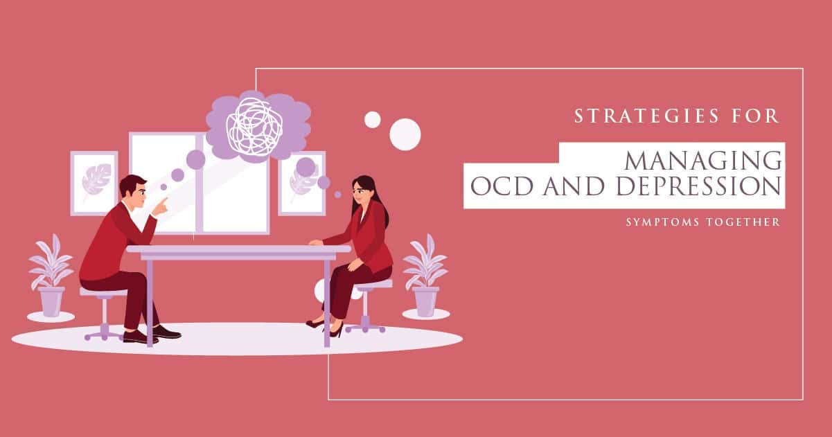 “Illustration of a therapist and a client sitting across a desk in a counseling session, with a tangled thought bubble symbolizing mental health challenges and text about managing OCD and depression.”
