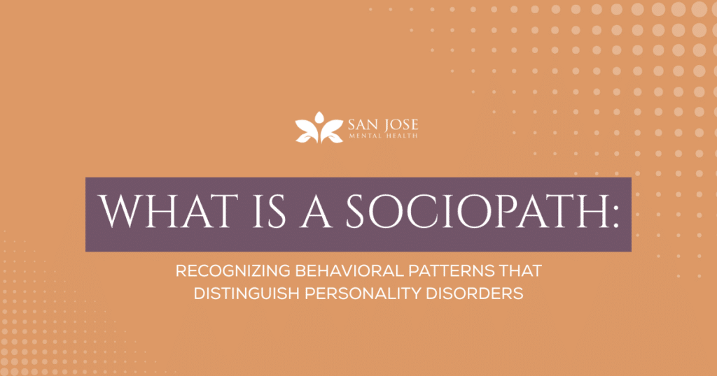Orange presentation slide with a purple banner reading 'WHAT IS A SOCIOPATH:' and the subtitle 'RECOGNIZING BEHAVIORAL PATTERNS THAT DISTINGUISH PERSONALITY DISORDERS,' plus the San Jose Mental Health logo.